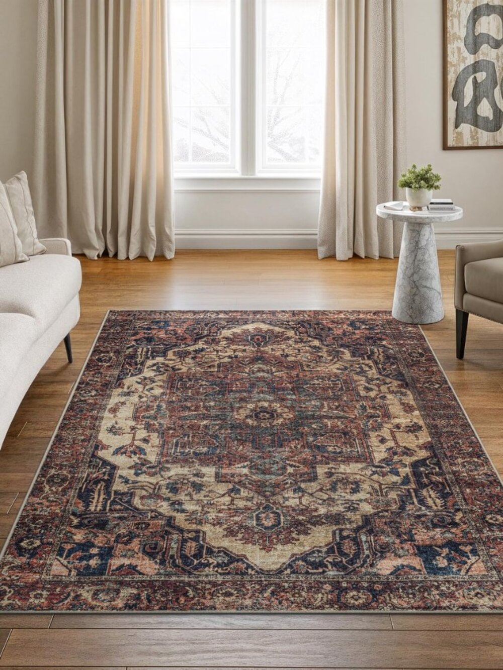 Washable 4' x 6' Rug - Beige/Terracotta Traditional Area Rug for Living Room